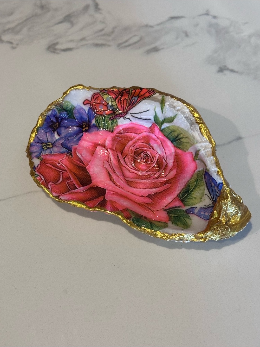 Handmade Decoupage Oyster Shell Trinket Dish Pink Rose Butterfly Gold Coastal